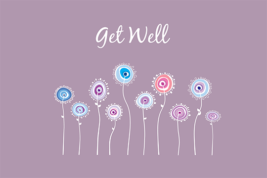 purple get well soon card with colorfully illustrated flowers